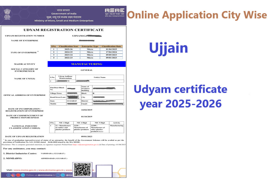 Ujjain  Udyam Certificate Year 2025-2026